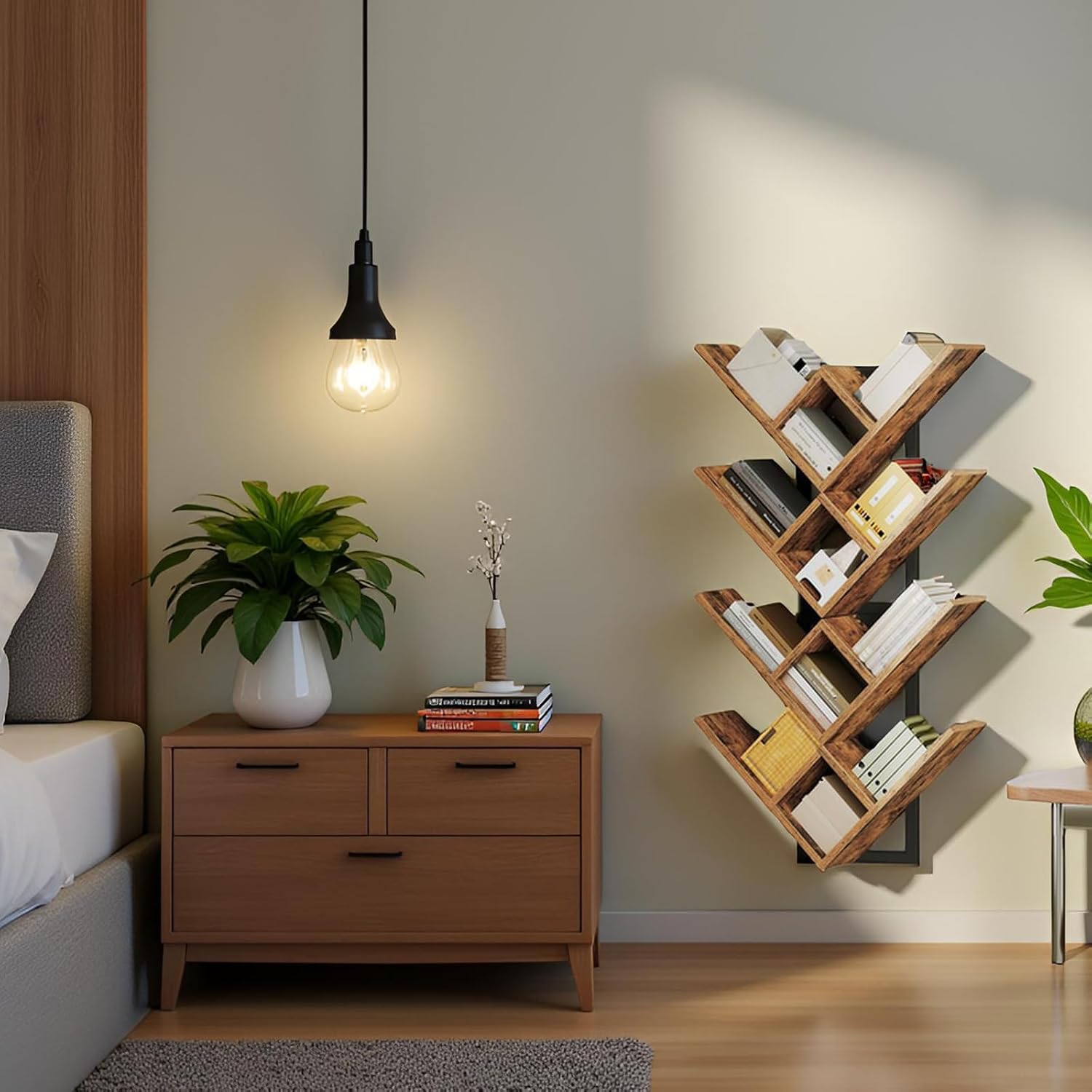 HOOBRO Floating Shelves for Wall, Set of 2 Wall Mounted Shelves, 2-Tier Wooden Tree Bookshelf, Hanging Shelves Storage