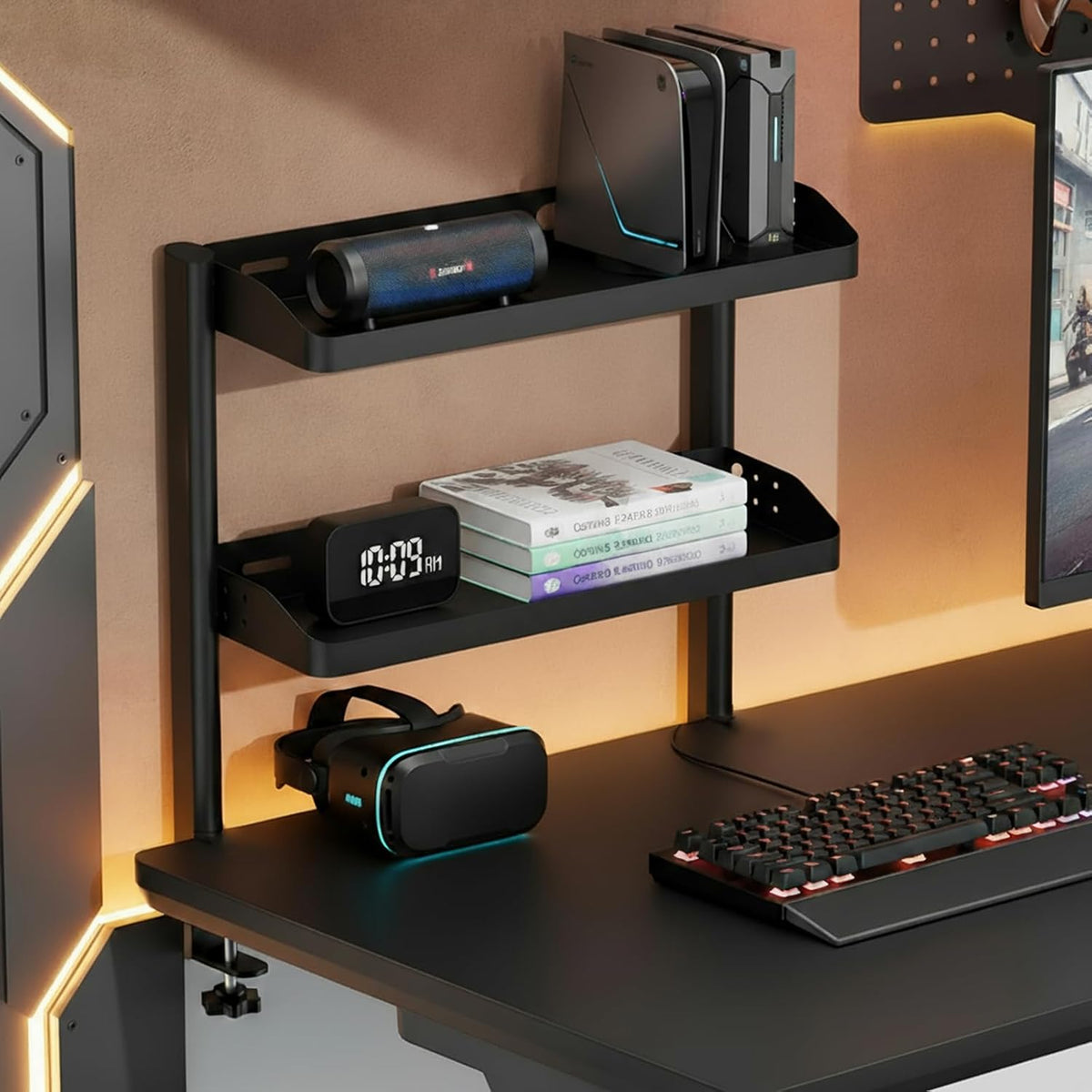 Clamp on Desk Shelf, 17in 2-Tier Office Desk Shelves Organizer, Small Shelf for Top of Desk with Headphone Holder and