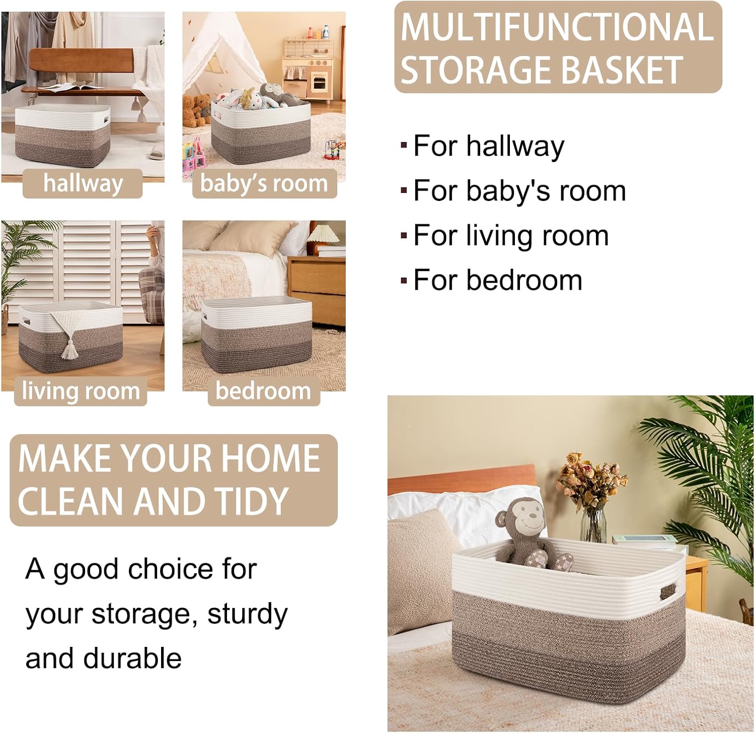 Rectangle Woven Baskets for Storage / Gradient Dark Brown / 22 x 17 x 12