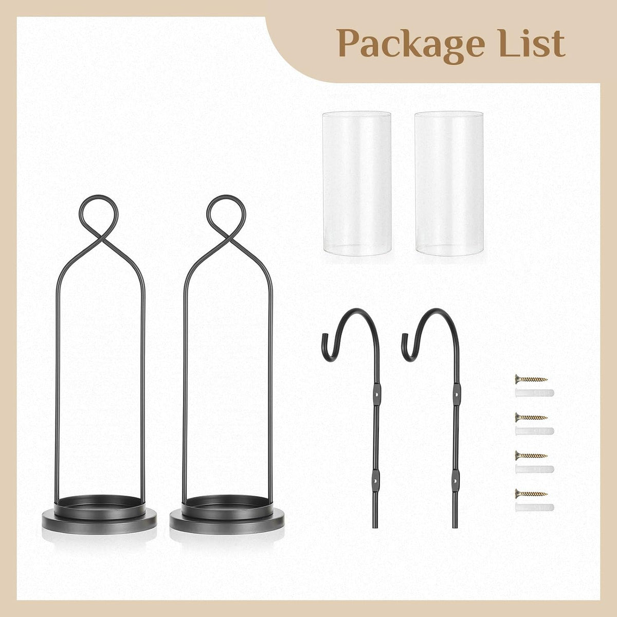 Black Candle Sconces Set of 2, with Hurricane Glass | Metal Wall Candle Holder, Wind-Proof Design, Table or Hanging