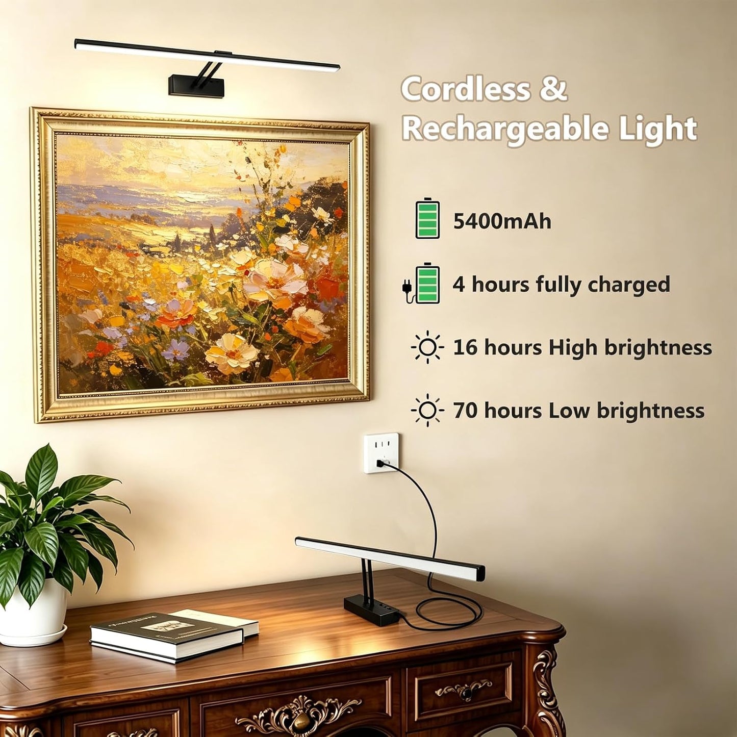 24" Wireless Picture Light, Dimmable Rechargeable Wall Light for Artwork | 5400mAh Cordless Black Wall Sconce