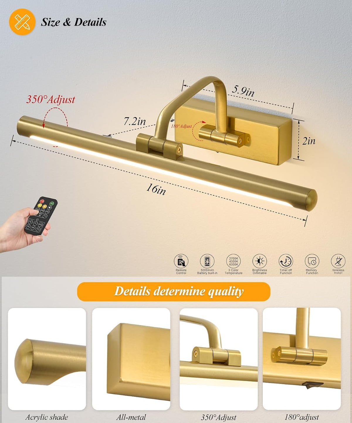 Wireless Picture Light for Wall, Rechargeable Light for Pictures with Remote & Timer, 16 Inch Dimmable Gold Art Light