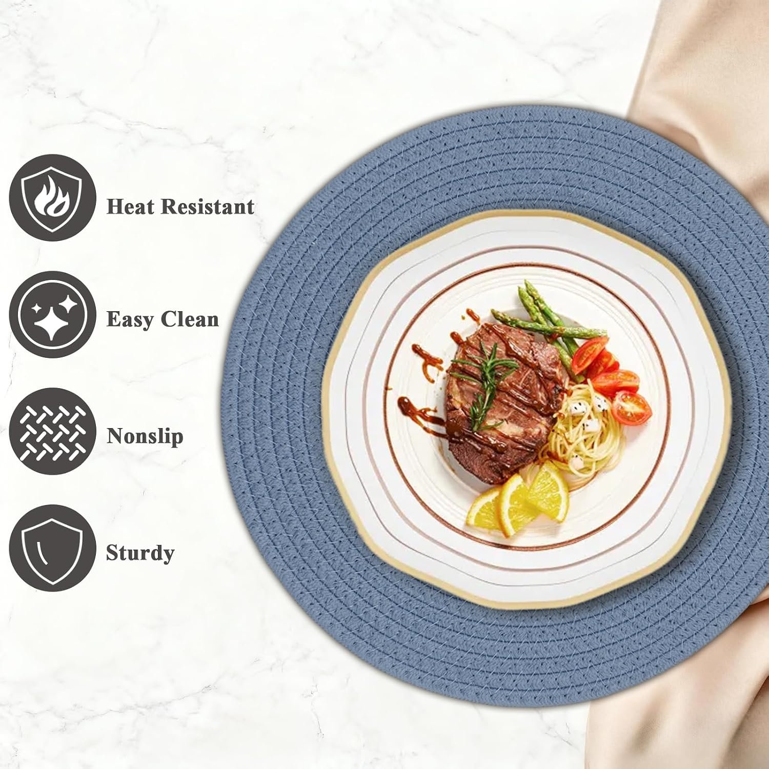 Round Placemats Set of 6, Cotton Rope Woven Table Mats, Hot Pads for Kitchen, Non Slip Heat Resistant Place Mats, 13