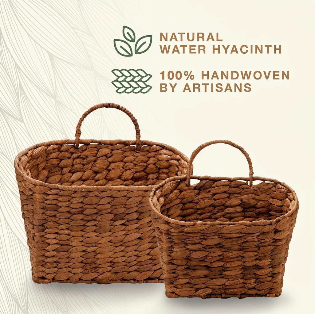 Red Brown Wicker Hanging Baskets for Front Door / Red Brown Water Hyacinth / Set of 2