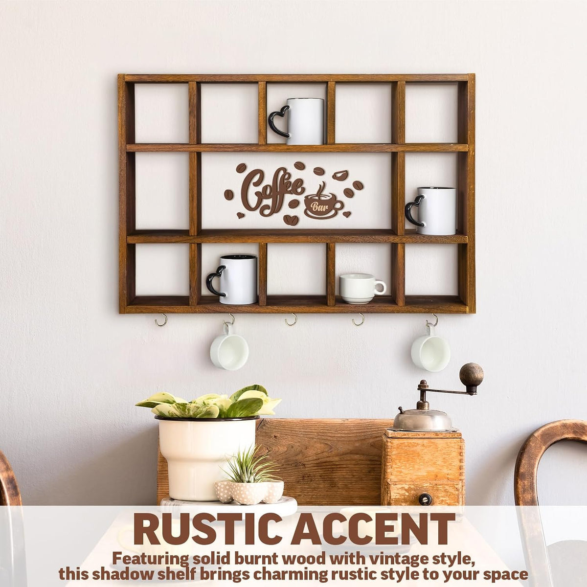 Cinnvoice Oversize Coffee Mug Display Shelf for Wall, Rustic Brown | Wood Coffee Mug Rack, Wall Mounted Shelf, Cubes