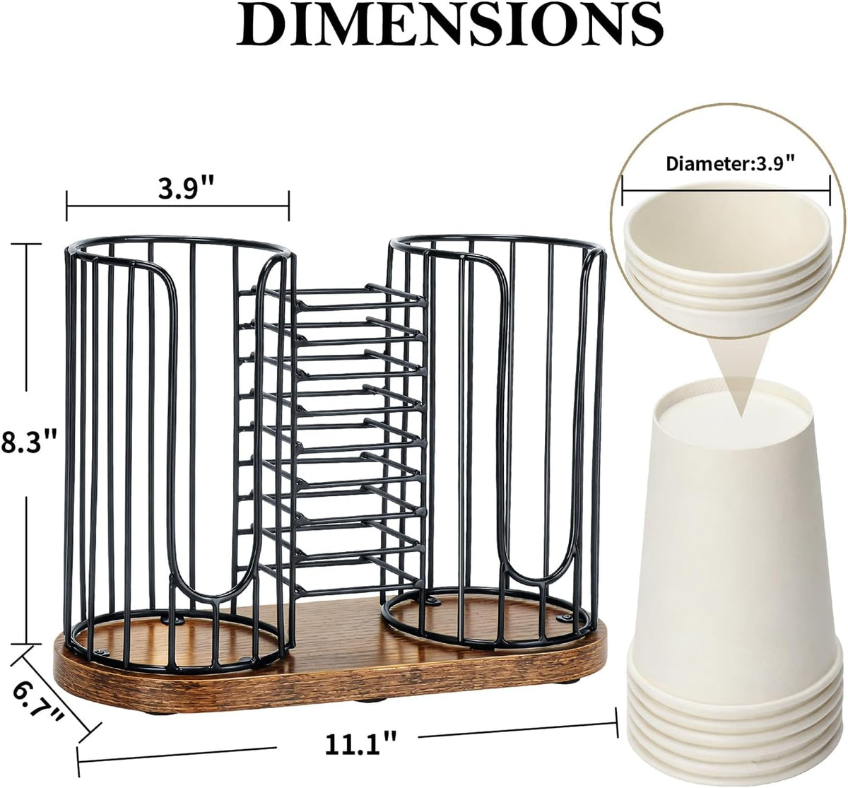 Coffee Cup Holder, 3-in-1 Disposable Cup, Straw & Lid Organizer | Paper Cup Dispenser Rack with Wooden Base, Dispenser