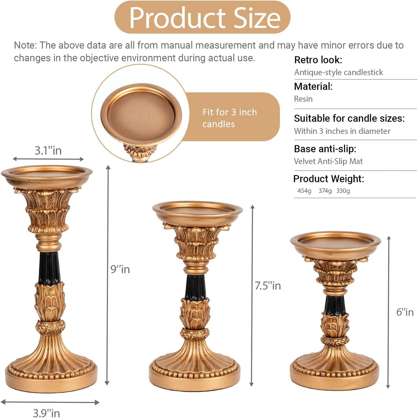 Resin Pillar Candle Holders Set of 3 – an Antique Gold Frame with Engraved Decorations (9", 7.5", 6") with 3.1" Tray &
