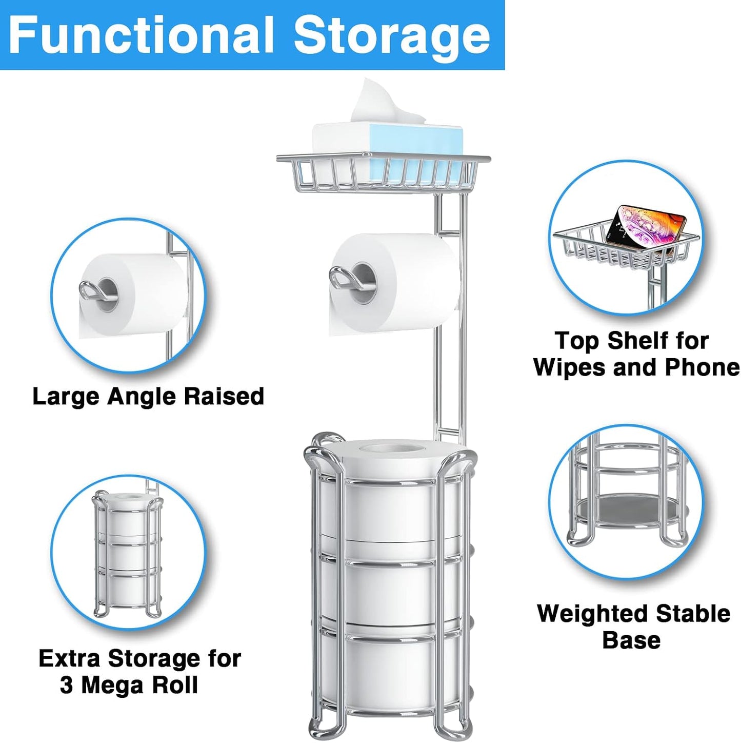 Toilet Paper Holder Stand with Shelf for Phone, Bathroom Free Standing Tissue Roll Storage Rack with Dispenser for 4