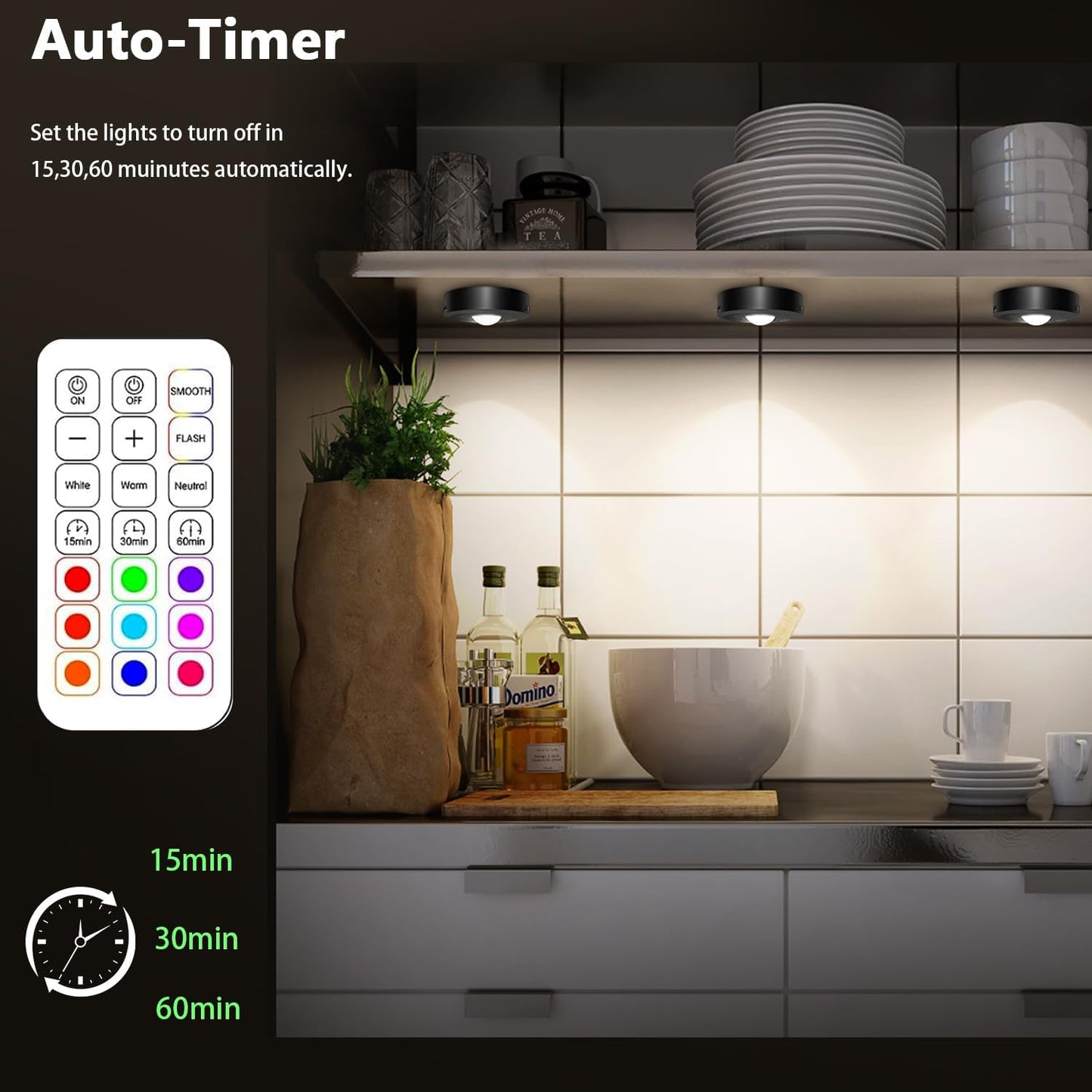 3 Pack Rechargeable Puck Lights with Remote, Dimmable, 3 Color Temps | 9 RGB Colors & 2 Dynamic Modes, 1000mAh Battery