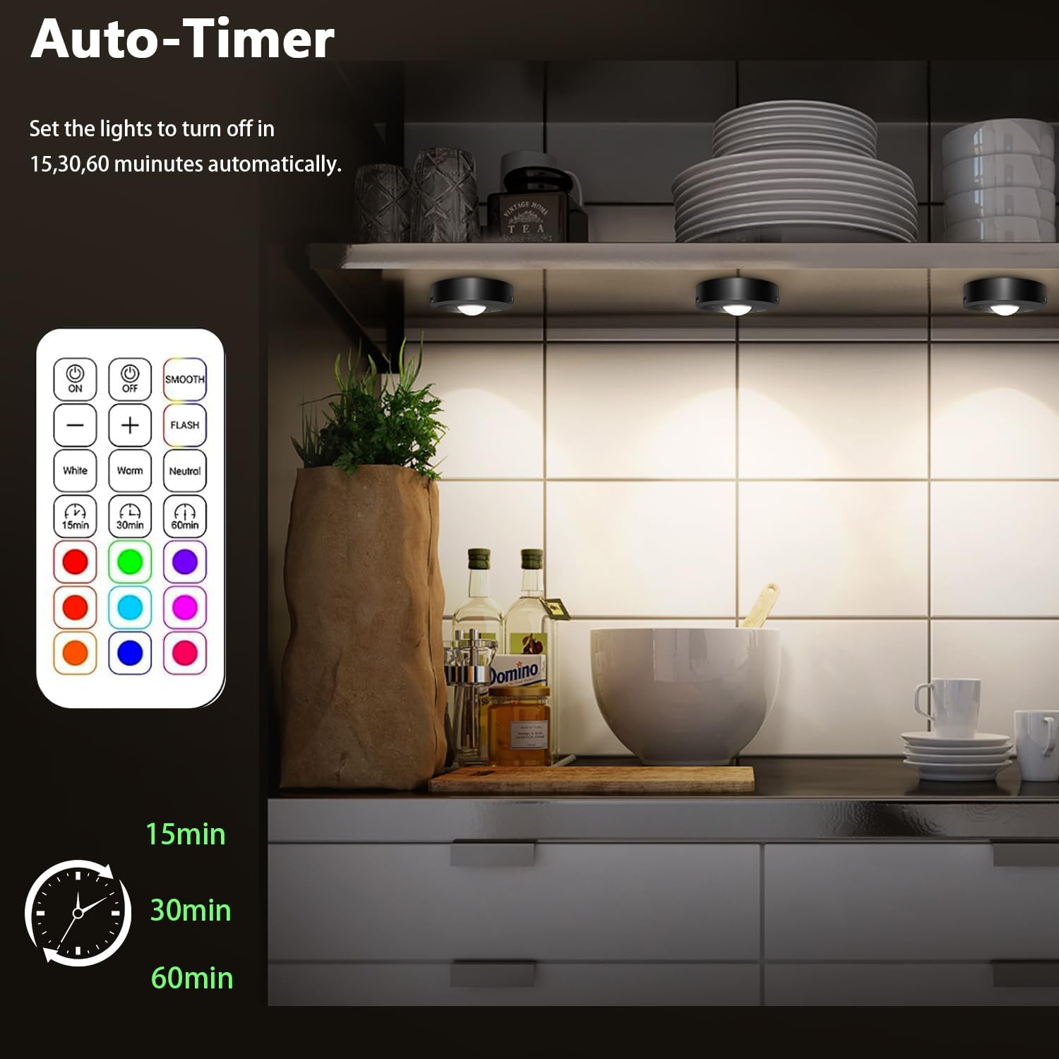 3 Pack Rechargeable Puck Lights with Remote, Dimmable, 3 Color Temps | 9 RGB Colors & 2 Dynamic Modes, 1000mAh Battery