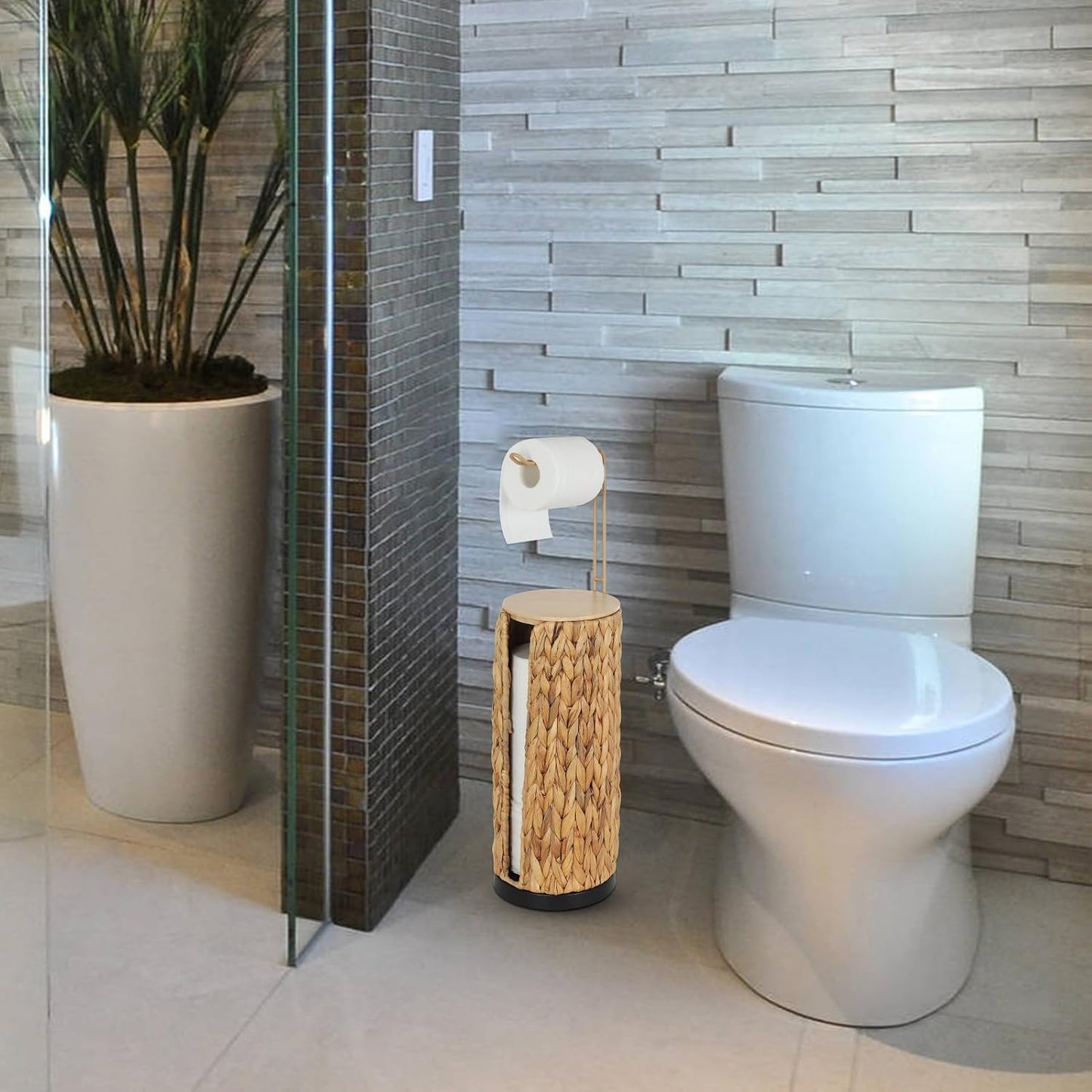 Freestanding Toilet Paper Holder with Storage,3 Rolls of Tissue Holder for Bathroom,Handmade Woven Toilet Paper Roll