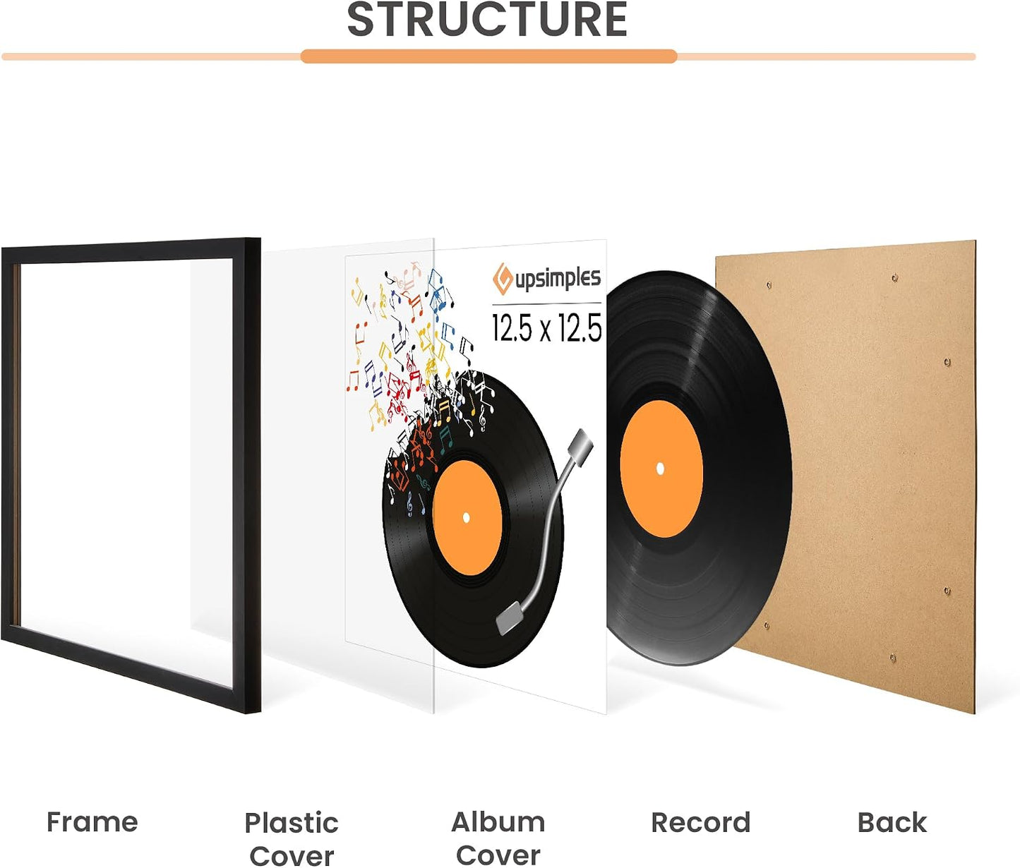 upsimples Vinyl Record Frame 12.5x12.5, Wall Display 6 Pack, Black | For 12inch Album Cover, Gallery Wall Decor, For