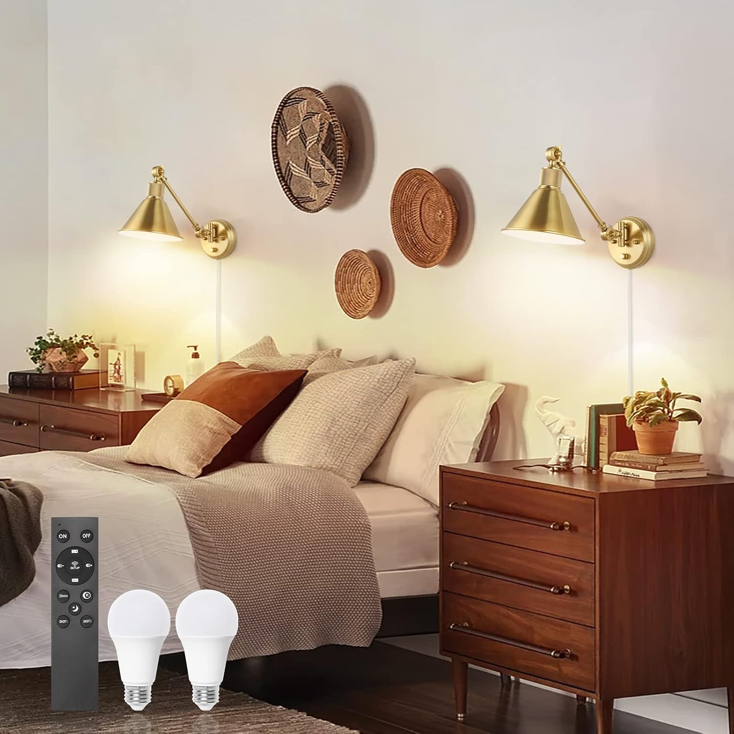 TRLIFE Dimmable Wall Sconce with Remote Control, Brushed Brass Plug in Wall Sconces Adjustable Color Temperature