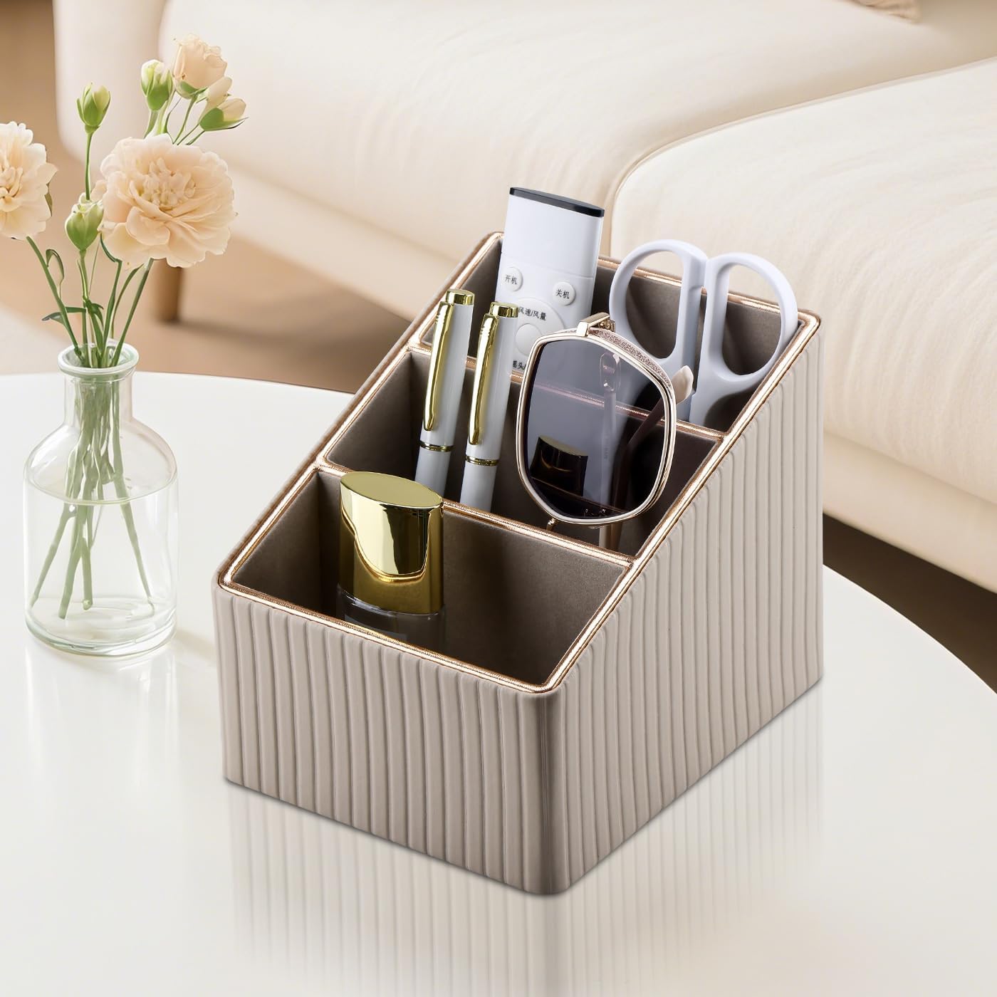 3 Slot PU Leather Remote Controller Holder / Dark Beige