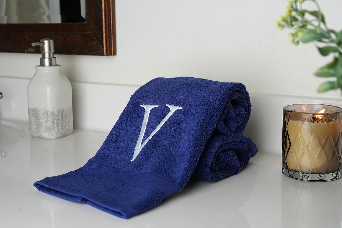 Navy with White Monogrammed Hand Towels for Bathroom - Set of 2 Letter V | Luxury Hotel Quality Initial Towels For