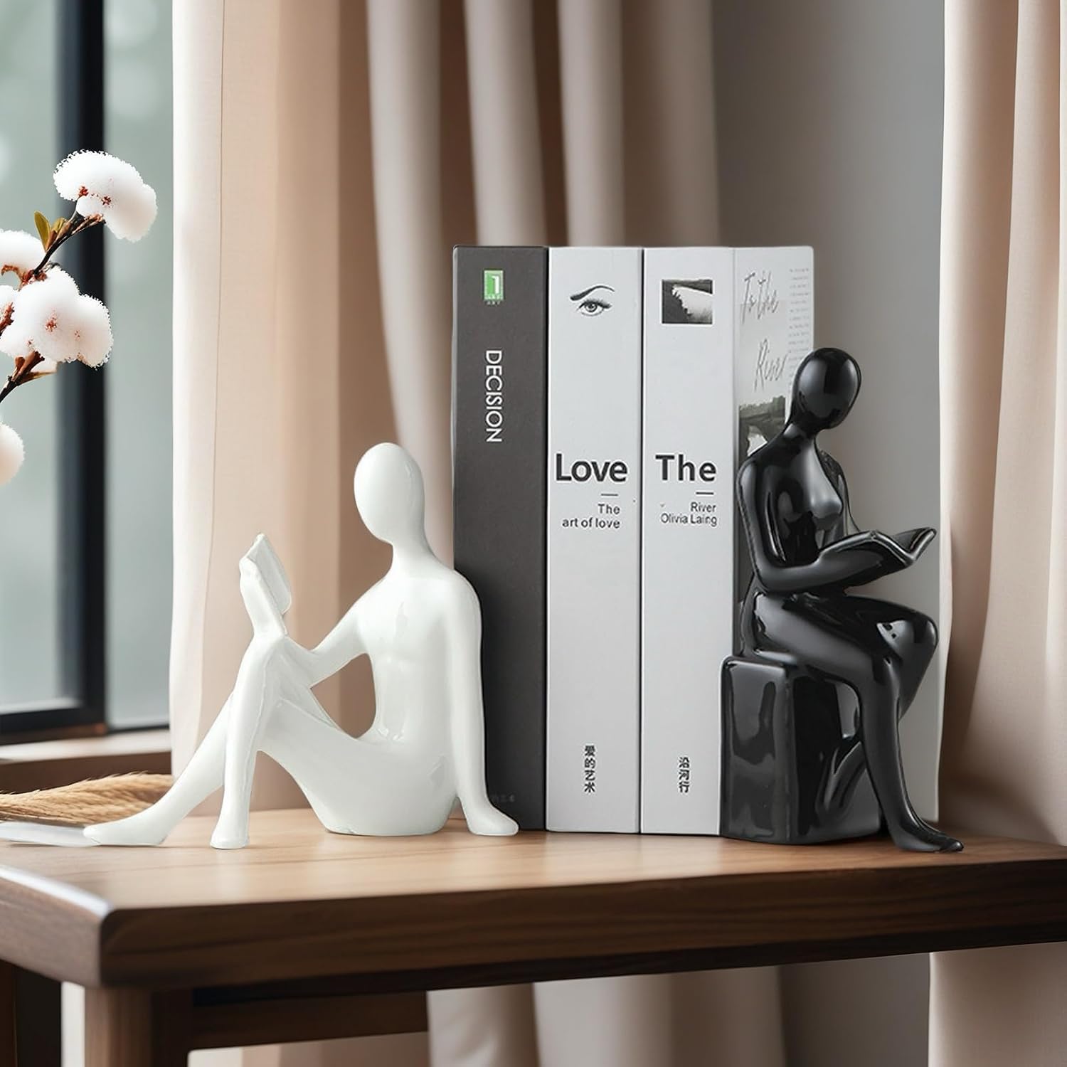 Home Decorative Reading Couple Statue Bookends Elegant Ceramic Bookshelf Room / Black and White