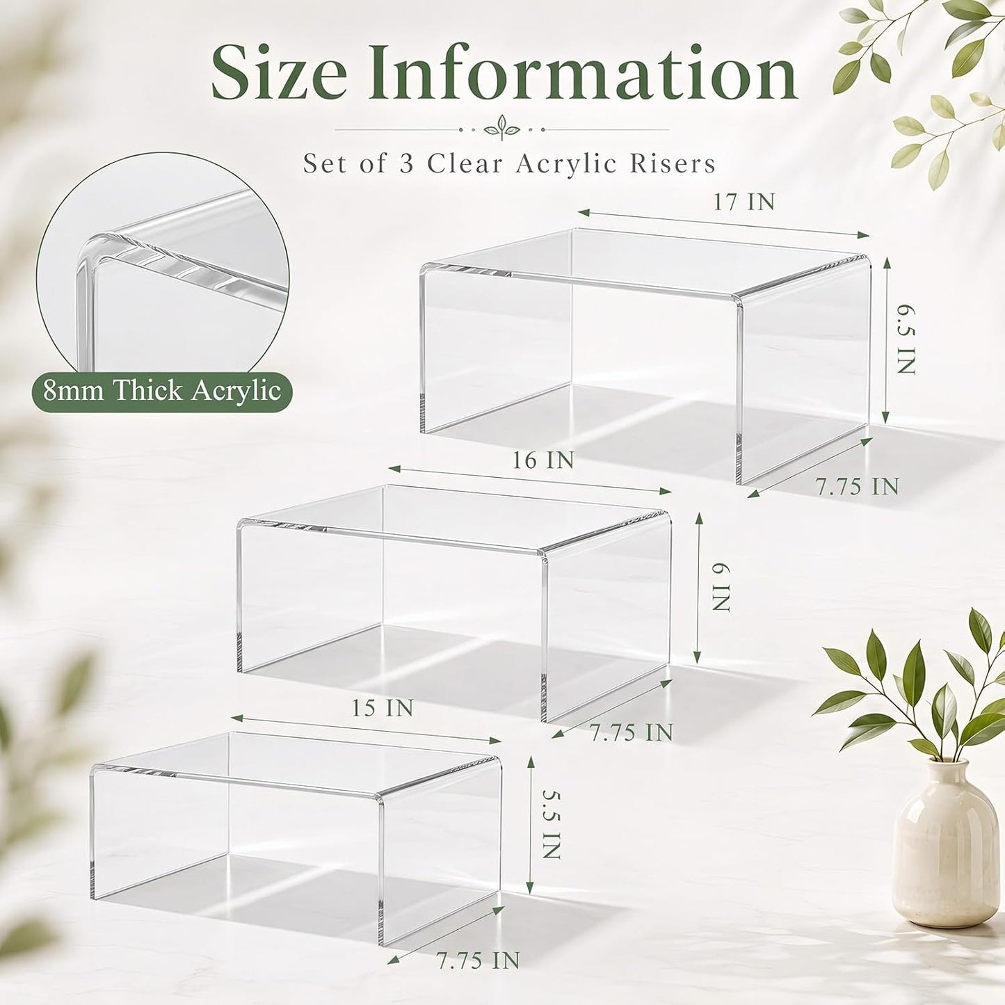 RattanView 3 Pcs Extra Large 17, 16, 15 Inch Clear Acrylic Display Risers | 8 mm Thick Rectangular Acrylic Shelf Riser