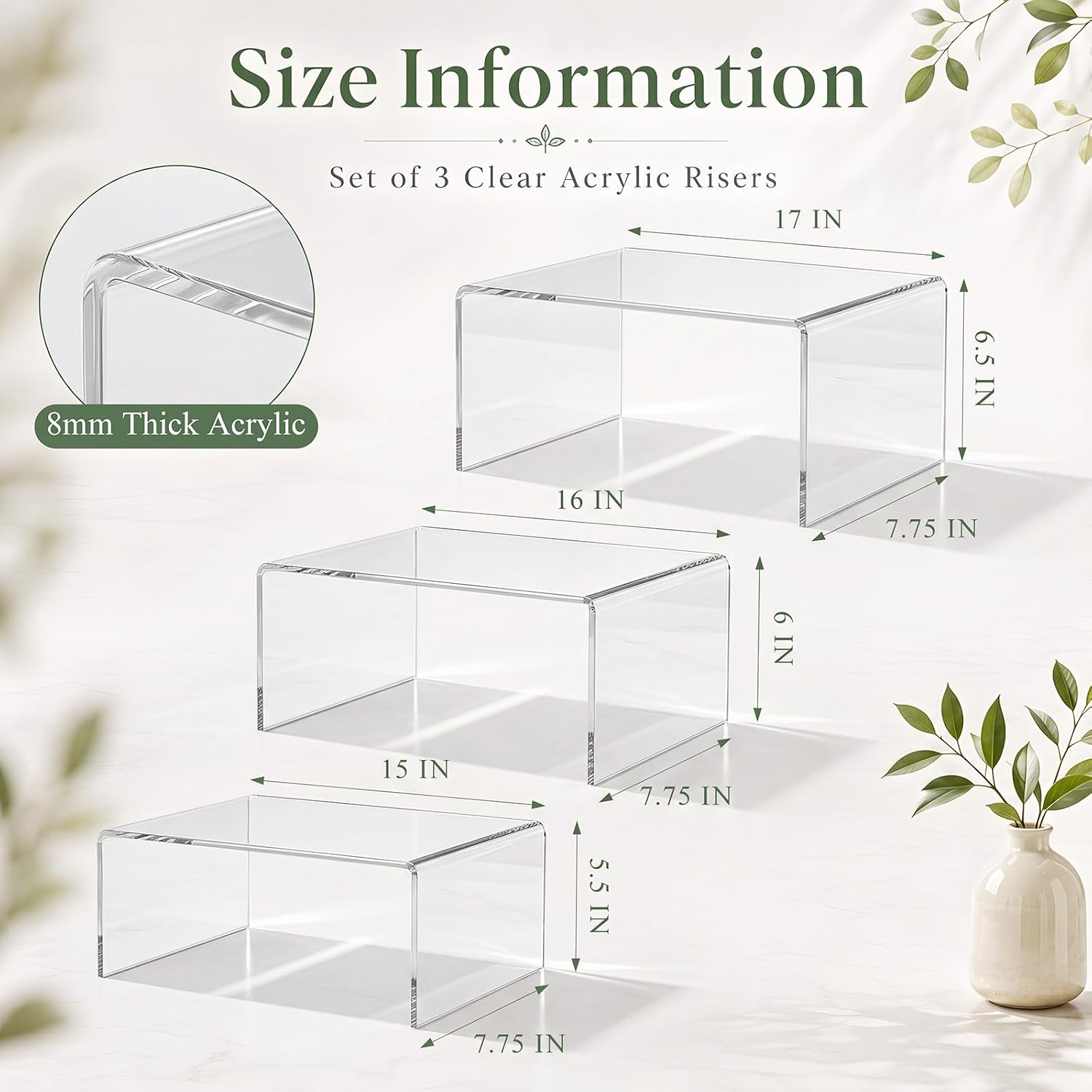 RattanView 3 Pcs Extra Large 17, 16, 15 Inch Clear Acrylic Display Risers | 8 mm Thick Rectangular Acrylic Shelf Riser