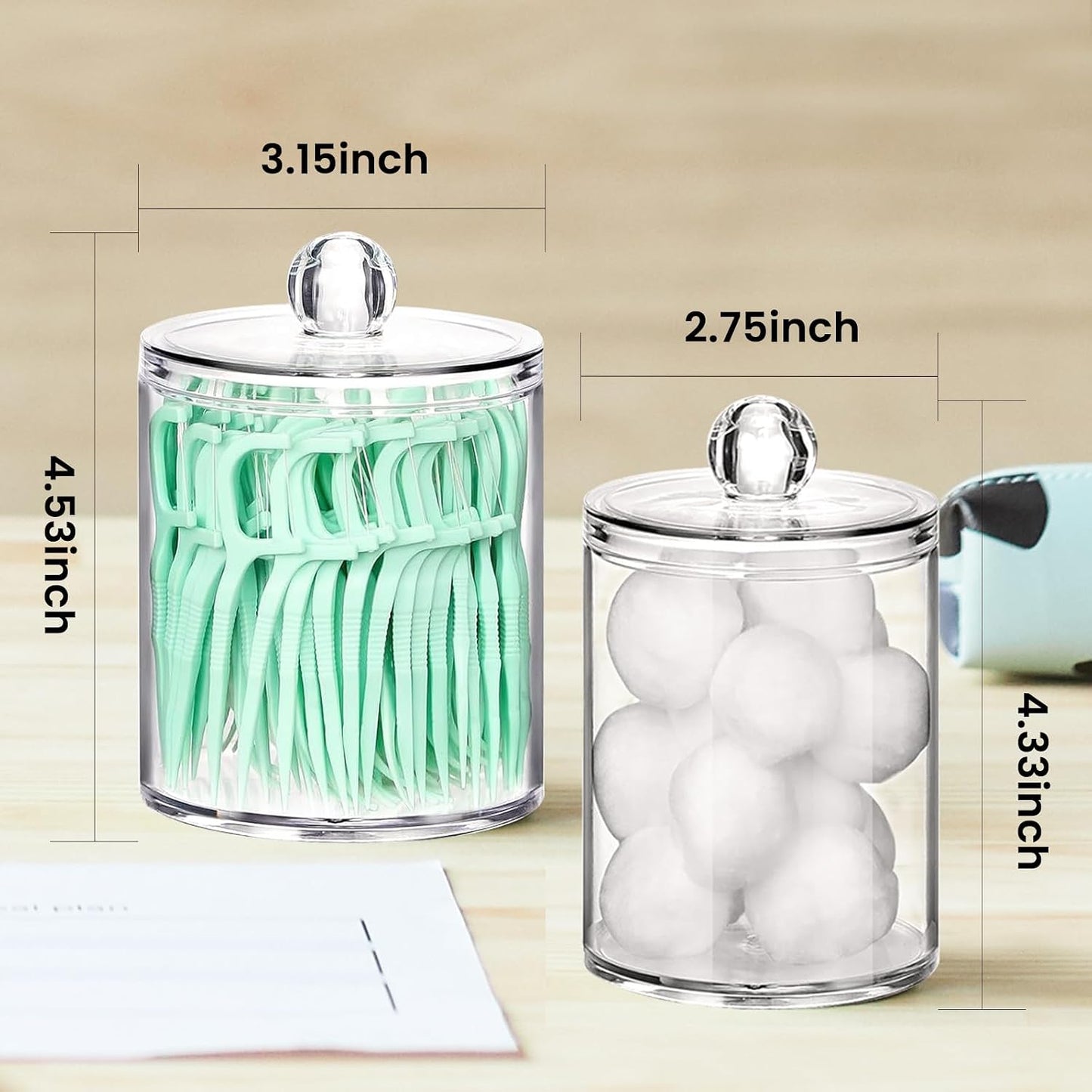 Square Facial Acrylic Tissue Holder / with 2 Qtip Holder Dispenser / Wood Grain / Clear / Set of 2