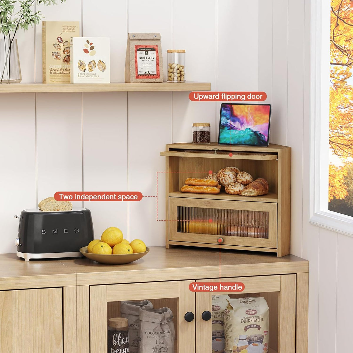 Goozii Corner Bread Box for Kitchen Countertop, Double Layer Bamboo Wood Breadbox for Homemade Bread, 2 Door Roll up
