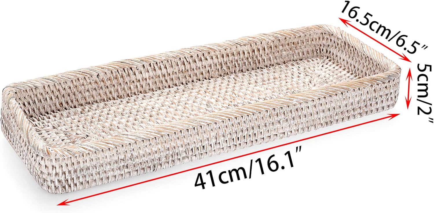 Rattan Bathroom Vanity Tray / White / 16 x 6.5 x 1.8