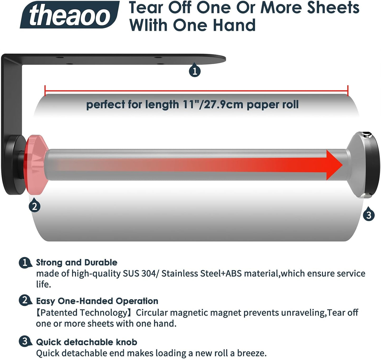 theaoo Under Cabinet Paper Towel Holder, One-Hand Tear, Wall Mount, Black | Quick Release Knob For Easy Roll Loading.