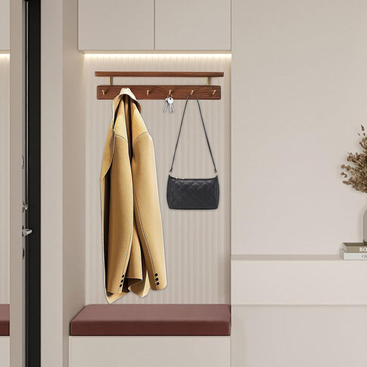 Solid Wood Shelf with Hooks, 19 inch Coat Rack Wall Mount, Shelves with 6 Brass Hooks for Hanging in Entryway, Living