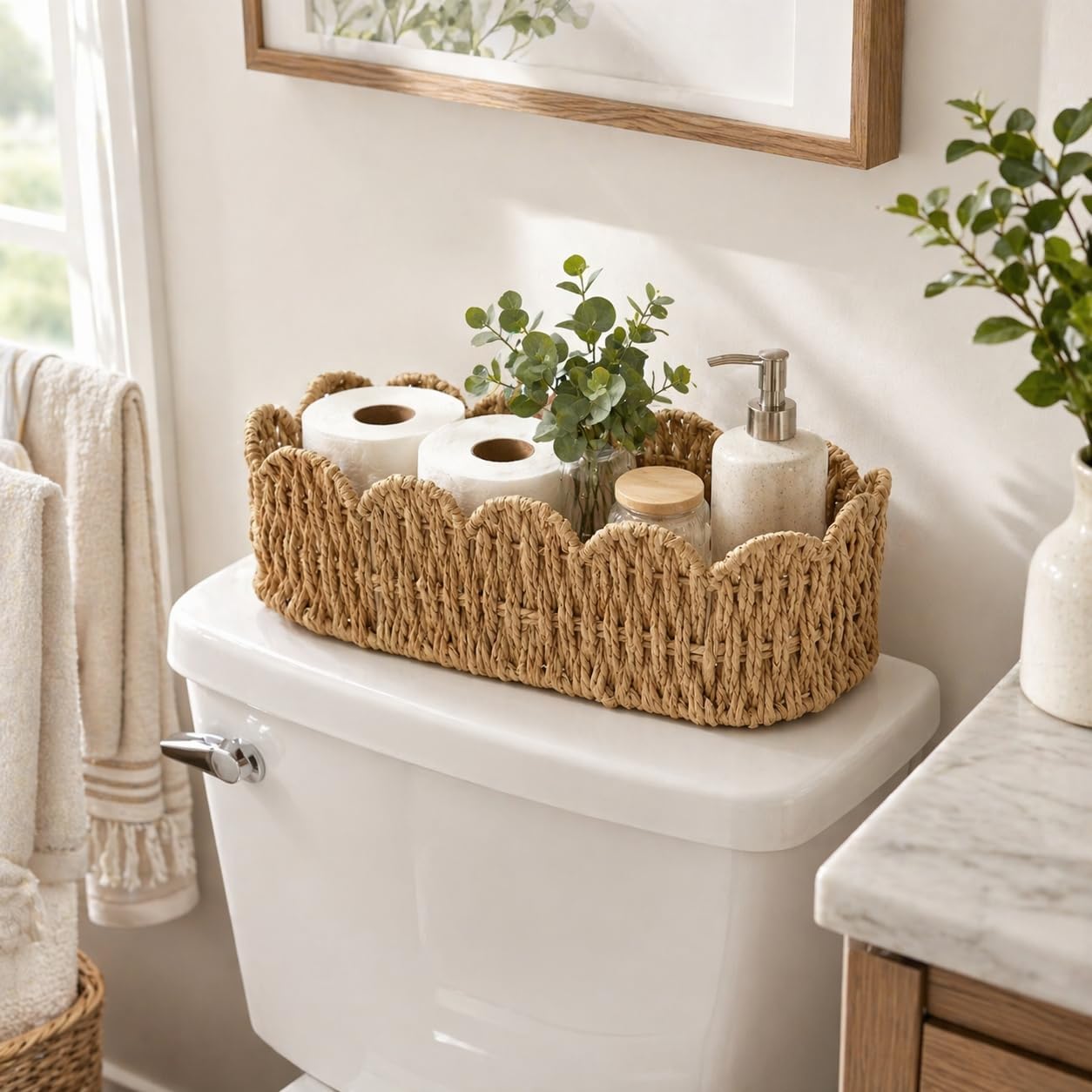 Scalloped Wicker Basket for Toilet Tank