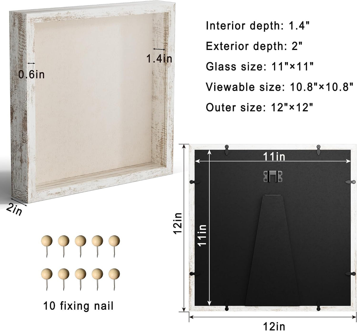 11x11 Shadow Box Picture Frame Display Case with Soft Linen Back, Distressed White Wooden Memory Shadow Box Frame with