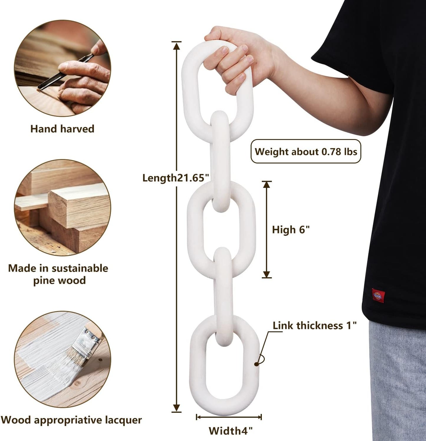 5 Link Chain Decor Hand-Carved Wooden Aesthetic Crafts / White
