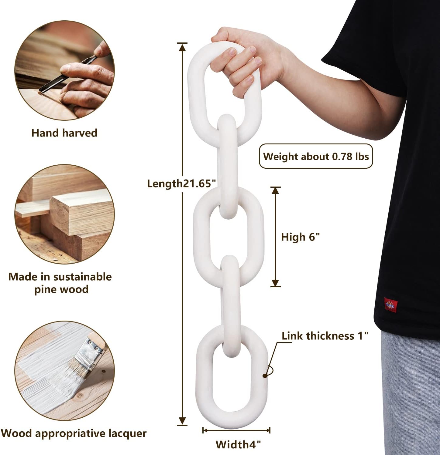 5 Link Chain Decor Hand-Carved Wooden Aesthetic Crafts / White