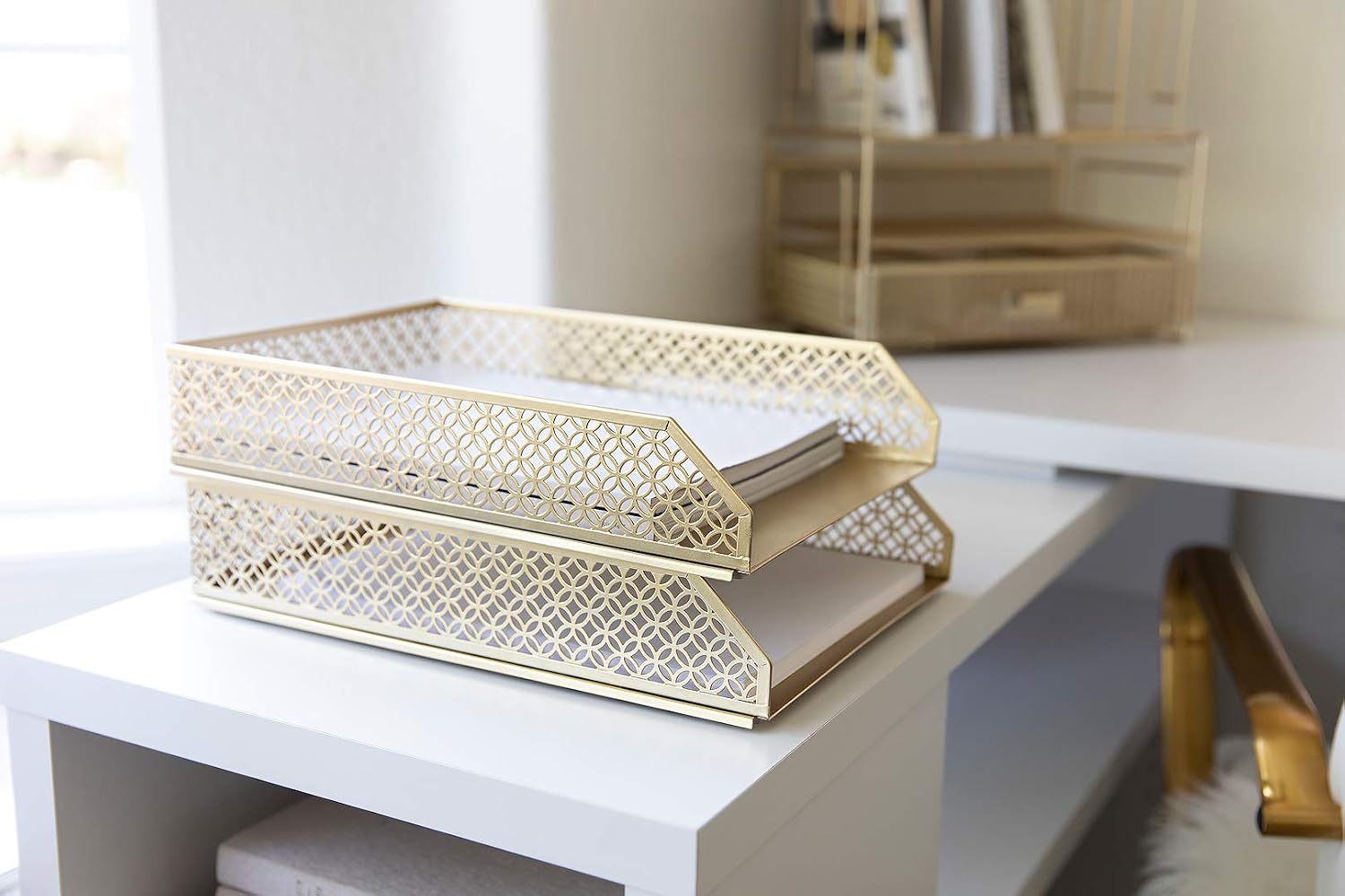 BLU MONACO | Paper Tray Stackable Gold Set of 2 | Stackable File Trays for Desk Organization | Tiered Desk Organizer