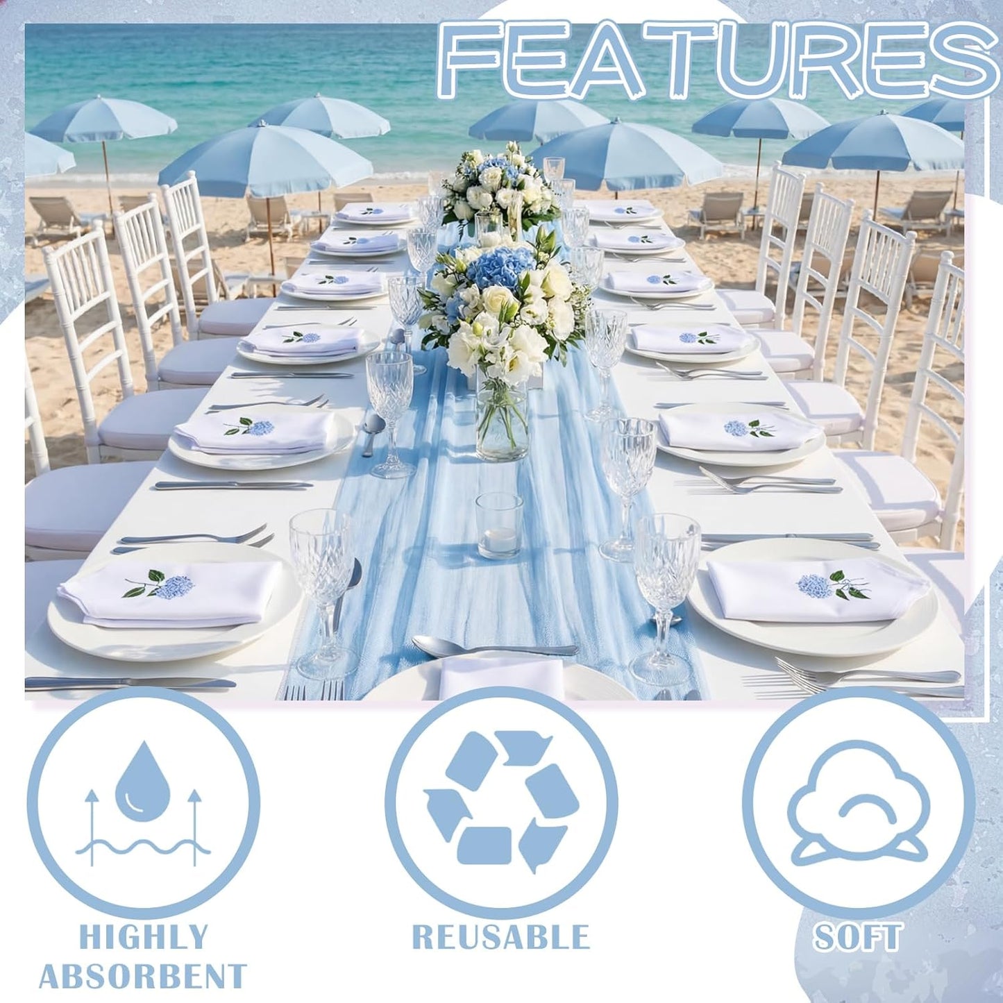 HunnmingRe 12 Pcs Blue Hydrangea Cloth Napkins Bulk 100% Cotton, 17x17inch | Summer Floral Dinner Tea Party, Cocktail