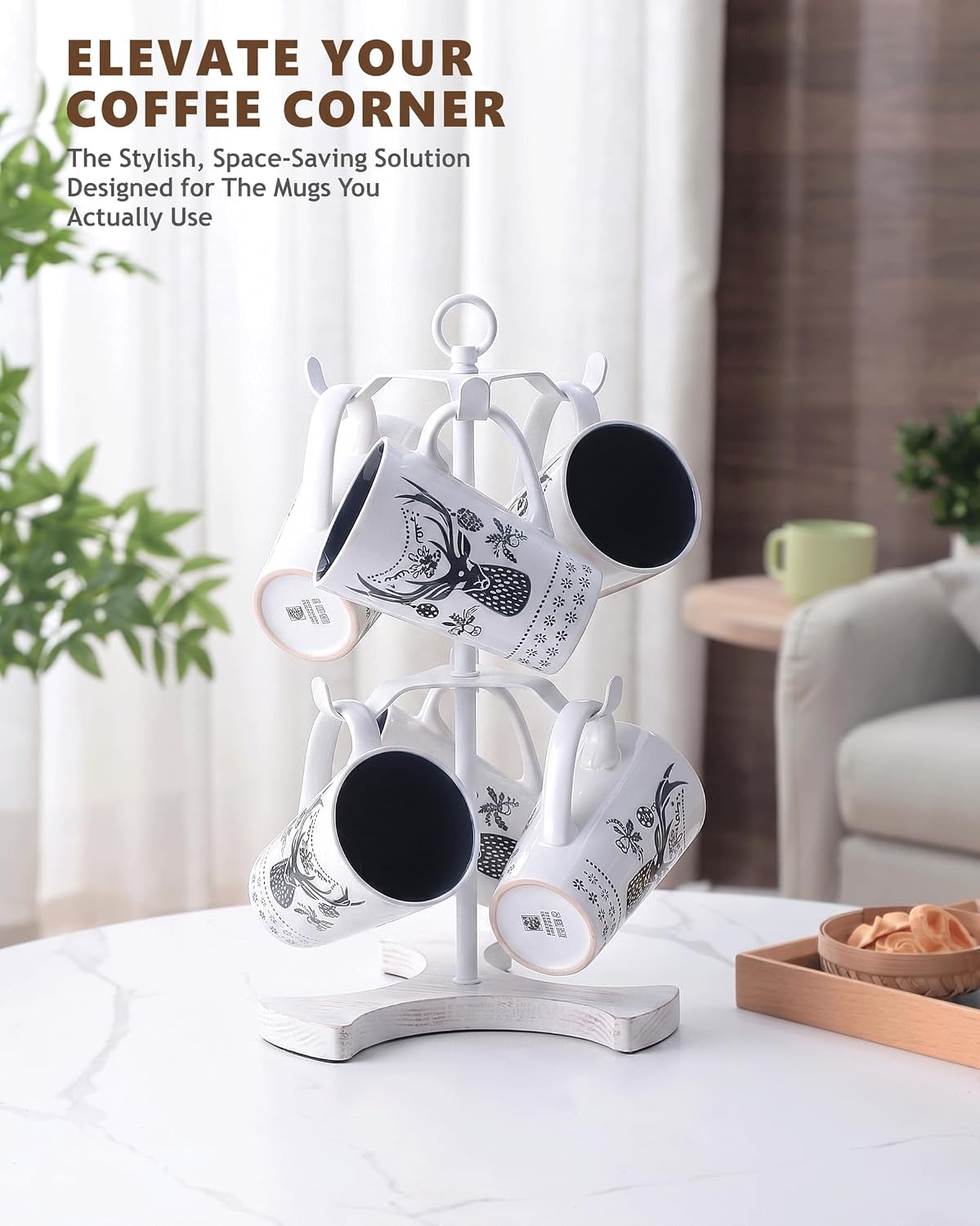 2-Tier White Coffee Mug Holder for Countertop, Mug Tree with 6 Spaced Hooks for Large Mugs, Metal Coffee Cup Rack with