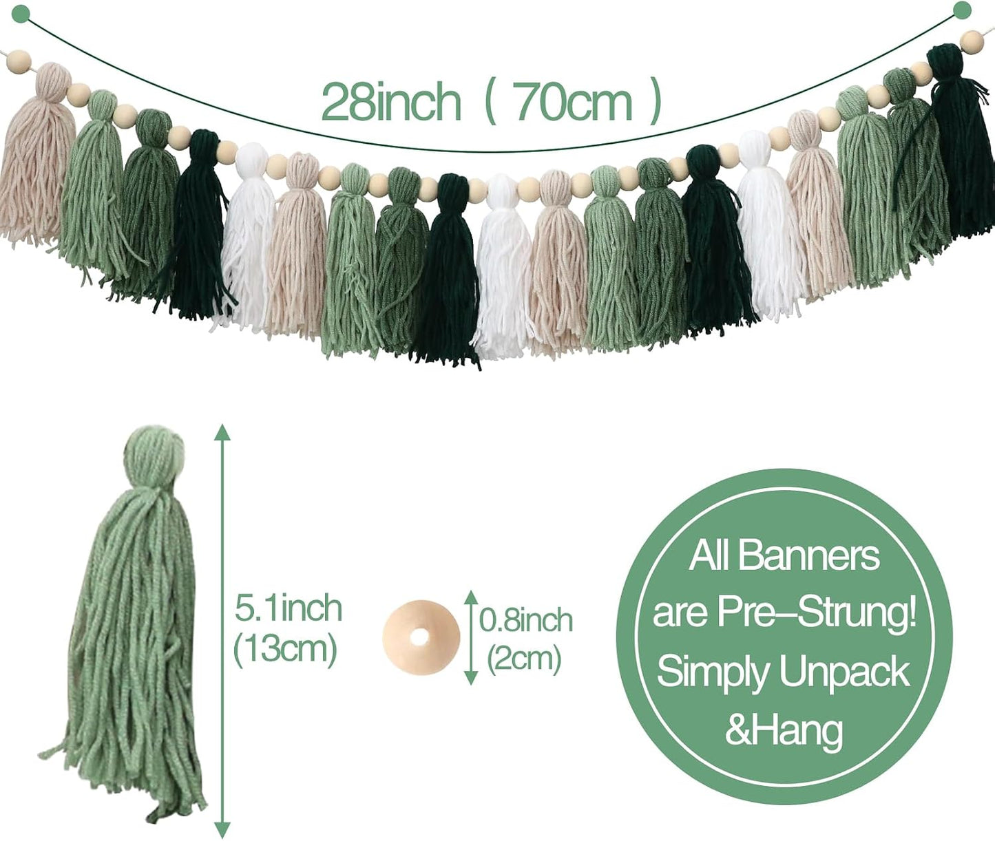 Green Tassel Wood Bead Garland Wall Hanging In Home Decor For Nursery Kids Bedroom / Green Banner