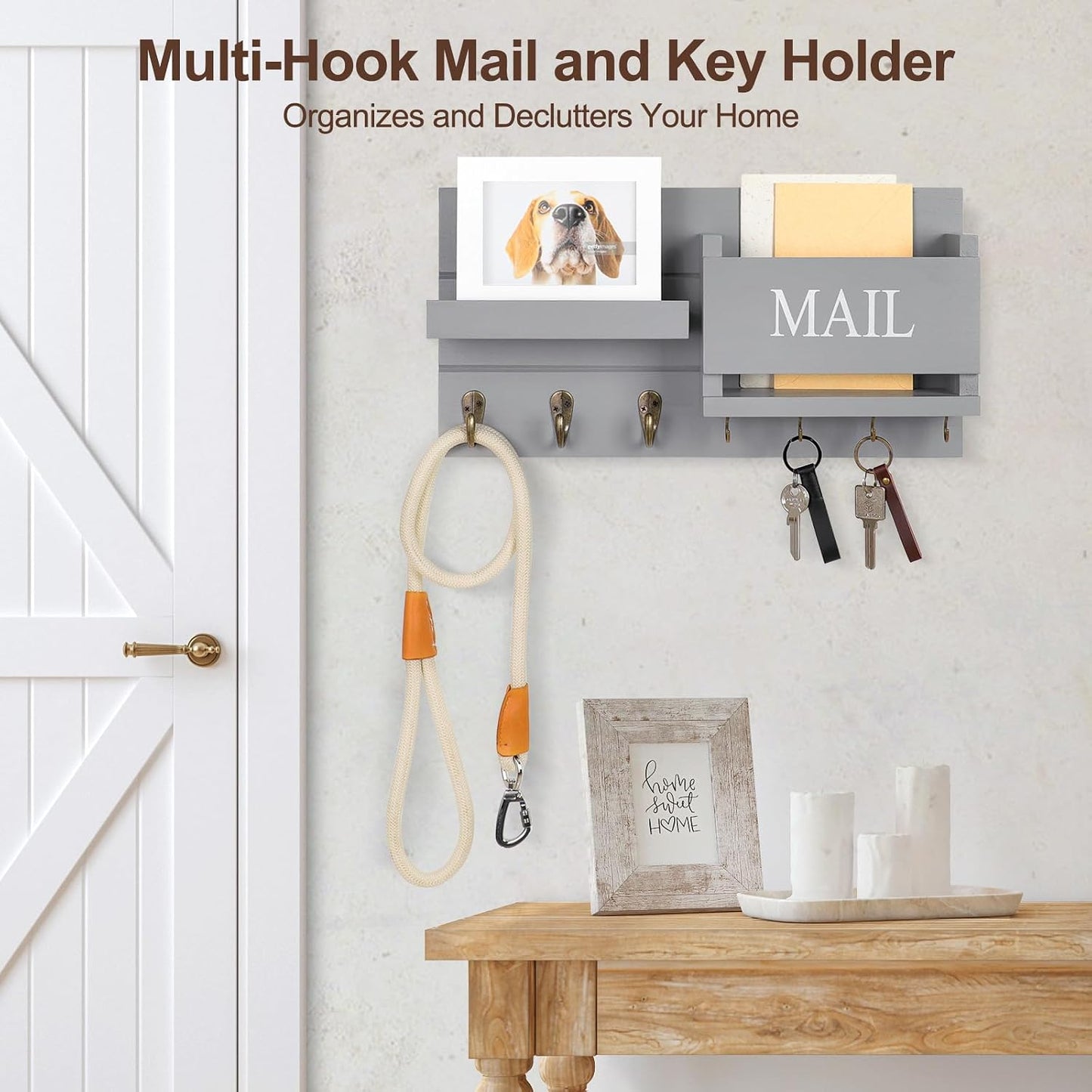 Shelf Includes Letter Holder and Hooks for Hallway Farmhouse / Gray