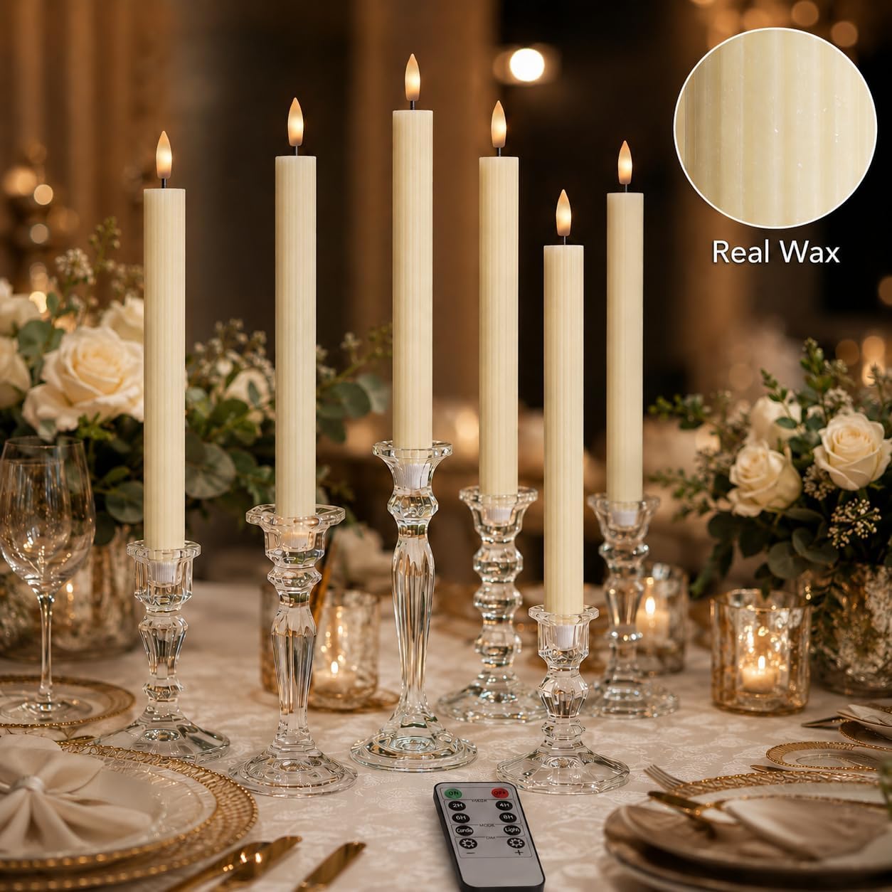 10" Fluted Ribbed LED Ivory Grooved Real Wax Taper Candles, Remote & 24h Timer Memory, On/Off Switch - Flameless