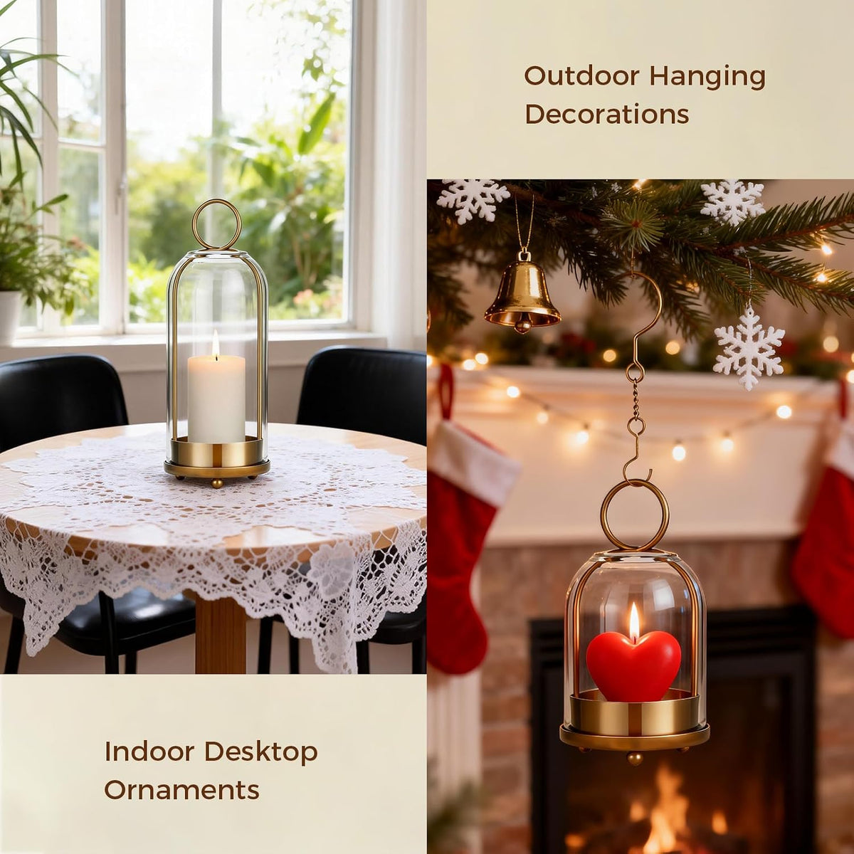 5"&4" Hurricane Glass Candle Holders, Hanging Brass Metal Candle Holder | Glass Candlestick Holders for Pillar Candles
