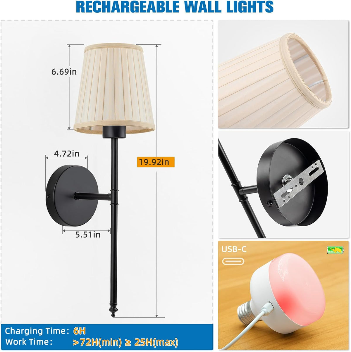 19.9 inch Battery Operated Wall Sconce Set of 2,Beige Black Rechargeable Wall Lights with 5200mAh Dimmable Bulbs and