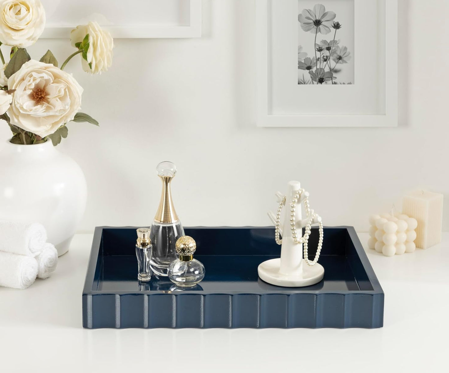 Modern Scalloped Serving Tray / Navy Blue / 16 x 12