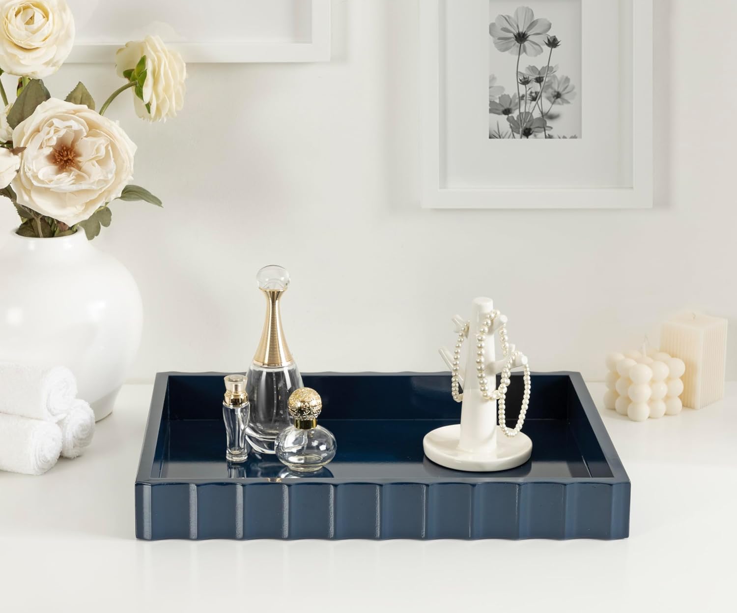 Modern Scalloped Serving Tray / Navy Blue / 16 x 12