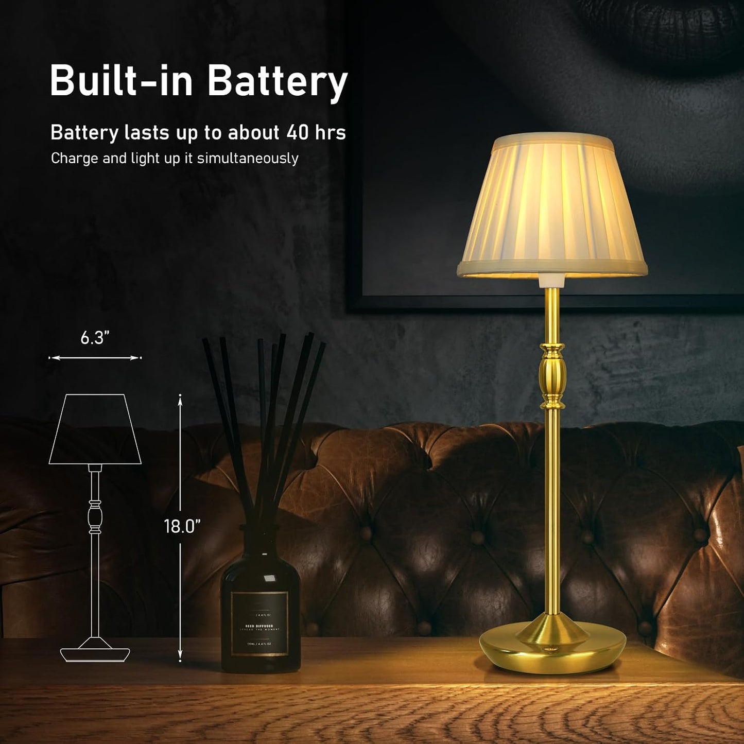 Cordless LED Touch Lamp with Dimmer Portable Small Table Lamp, 18" 2700K Rechargeable Battery Light for Bedside, Dining
