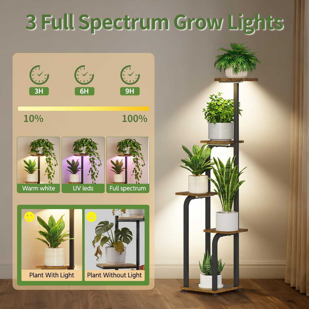 LASZOLA Plant Stand Shelf Tall for Indoor Corner with Lights, 5 Tier Brown | Modern Multiple Flower Display Rack with