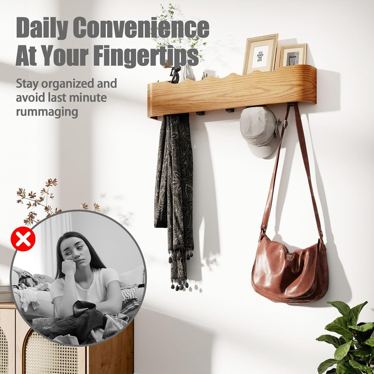 Coat Rack Wall Mount with Shelf 5 Hidden Hooks Modern Wooden Key Holder Entryway Organizer for Hallway Bedroom Bathroom