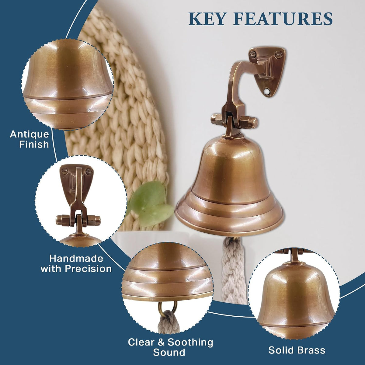 3" Antique Solid Brass Bell Quality Marine Wall Mounted Ship Hanging Bell Perfect for Dinner, Indoor, Outdoor, School