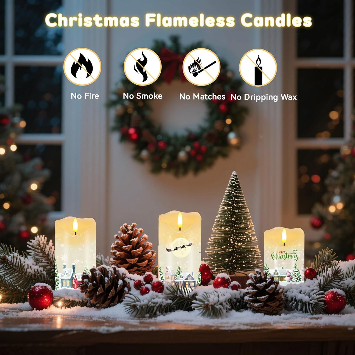 3PC Christmas Flameless Candles, Winter Cabin Candles with Remote & Timer | Flickering Real Wax Pillar Candles Battery