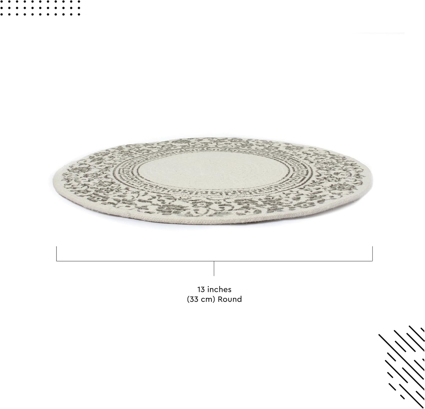 Encasa XO Placemats, Round Cotton Dining Table Mats 13" | Printed Grey, Handcrafted Ribbed Texture | Heat Resistant