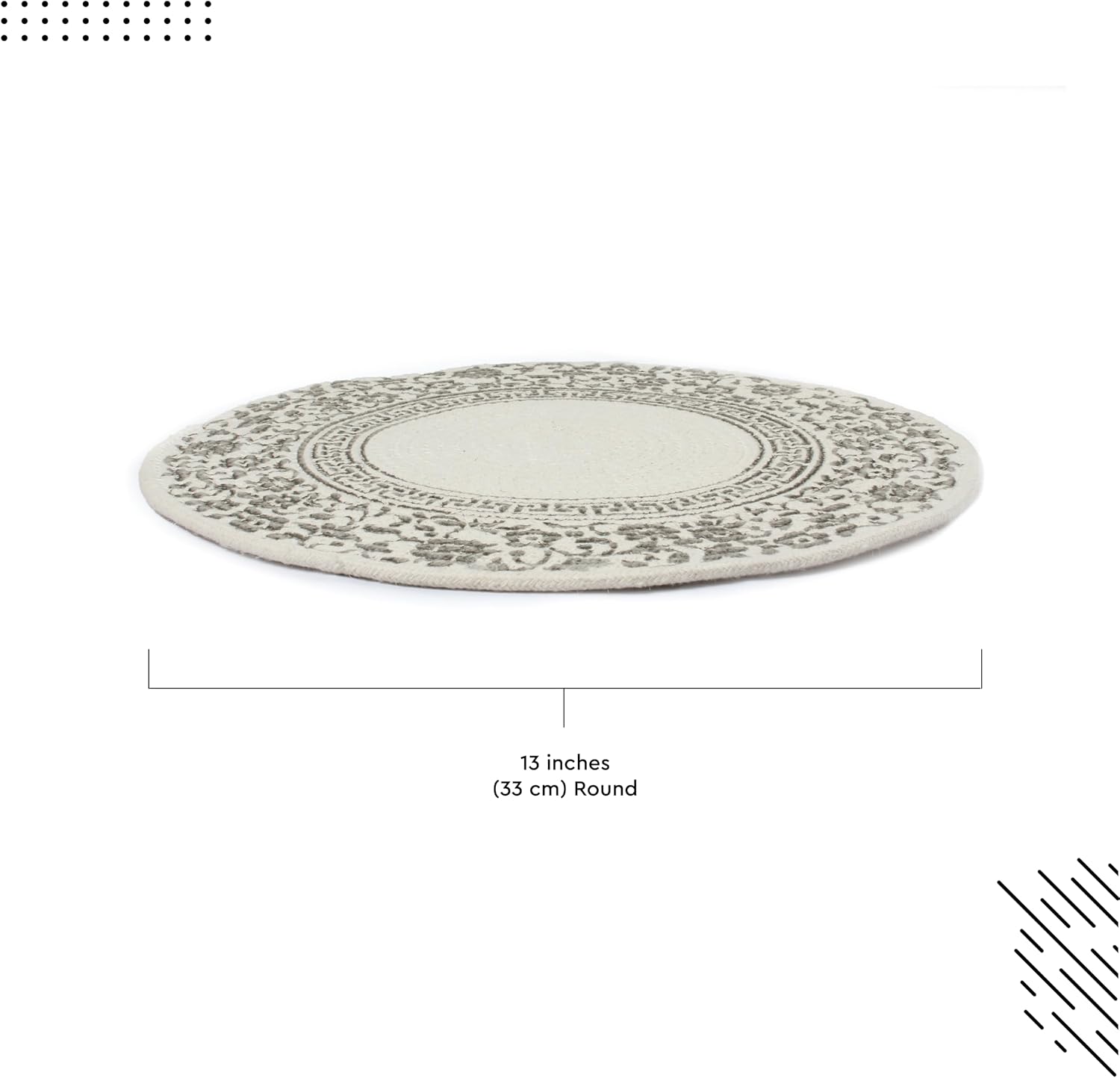Encasa XO Placemats, Round Cotton Dining Table Mats 13" | Printed Grey, Handcrafted Ribbed Texture | Heat Resistant