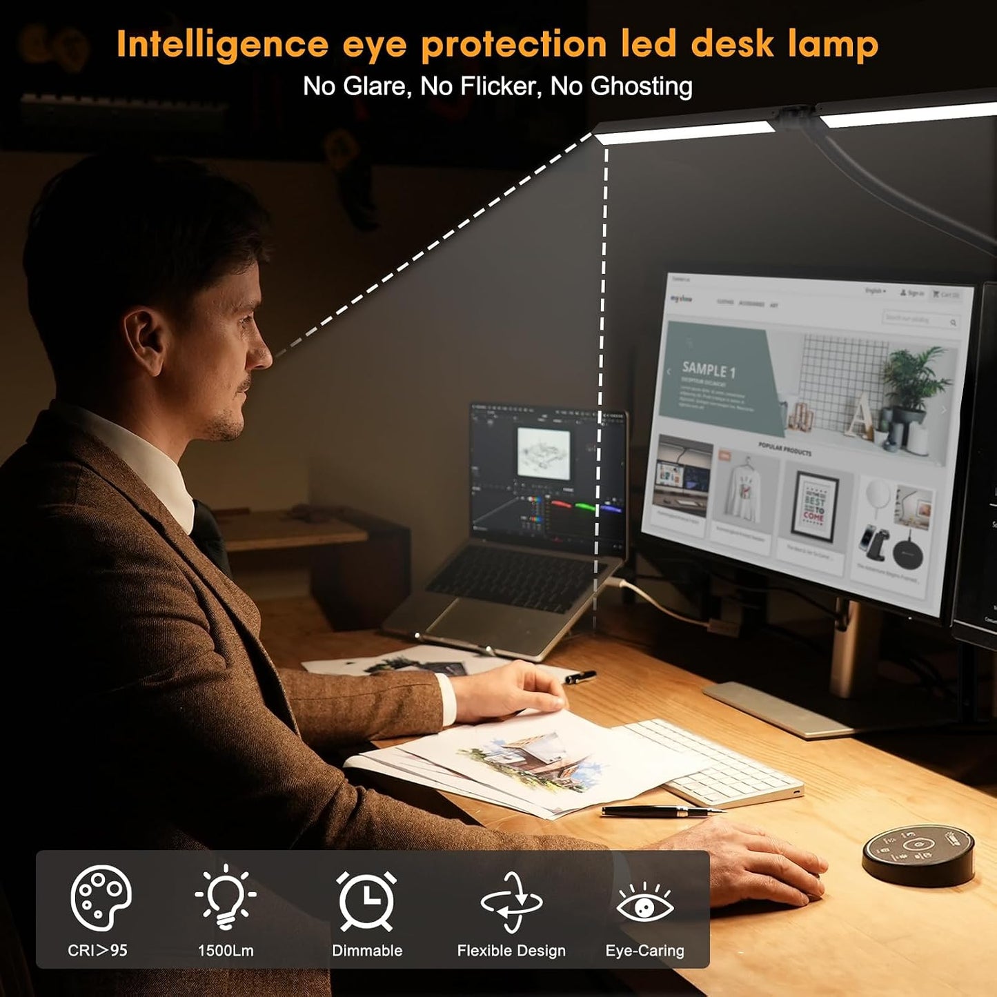 Led Desk Lamp for Office Home - Eye Caring Architect lamp with Clamp,Dual Screen Computer Monitor Work Smart Light: 24W