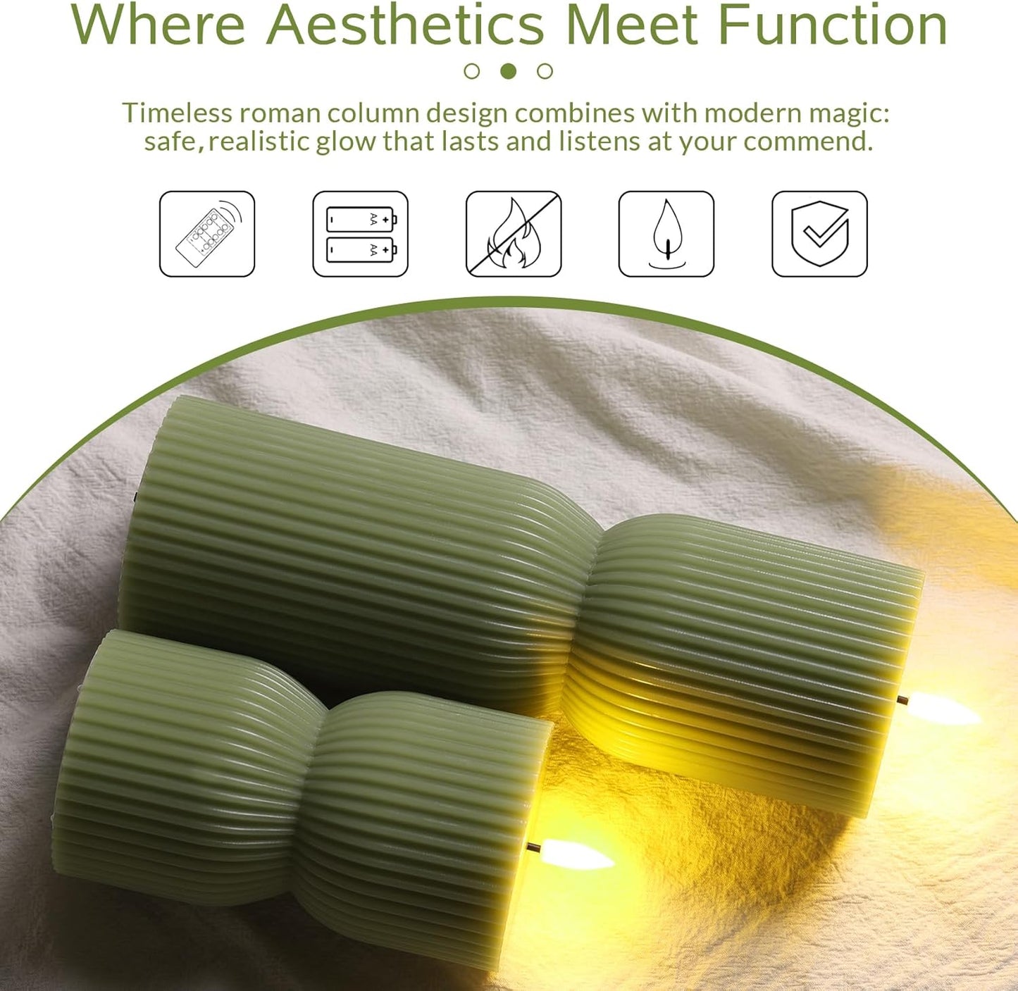 Ribbed Flameless Pillar Candles / Olive Green / Set of 2